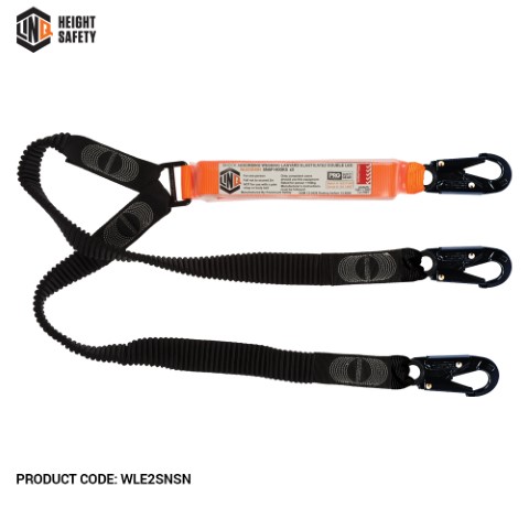 LINQ SHOCK ABSORBING WEBBING LANYARD ELASTIC DBL LEG; 3 X SNAP HOOK